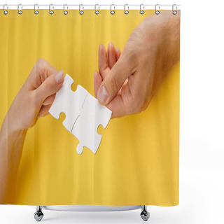 Personality  Cropped View Of Man And Woman Matching Pieces Of White Puzzle On Yellow Background Shower Curtains