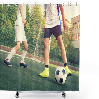 Personality  Football Soccer Match For Children. Boys Playing Football Game On A School Tournament. Dynamic, Action Picture Of Kids Competition During Playing Football. Sport Background Image. Shower Curtains