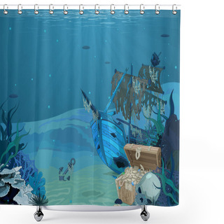 Personality  Sunken Sailboat On Seabed Background Shower Curtains