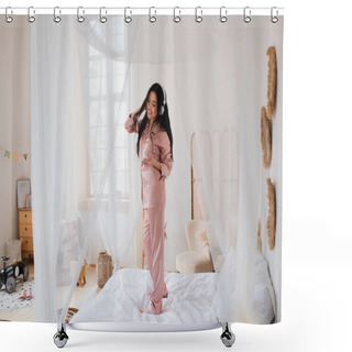 Personality  Positive Young Asian Woman Dancing On Bed With Headphones And Holding Cellphone In Bedroom Shower Curtains