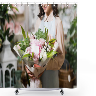 Personality  Cropped View Of Smiling Florist Holding Bouquet With Empty Tag Near Plants On Blurred Background Shower Curtains