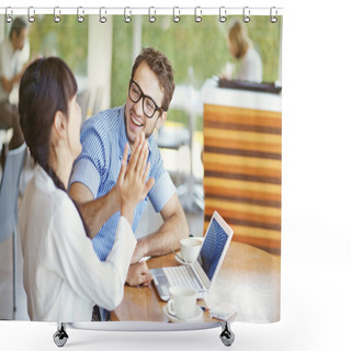 Personality  Situation In Office - Two Workers Giving High Five Shower Curtains