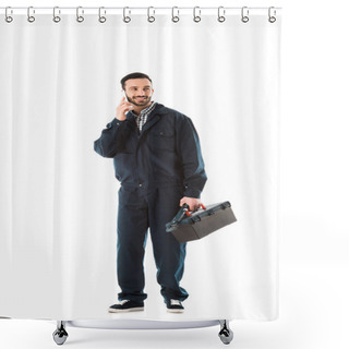 Personality  Smiling Workman In Overalls Talking On Smartphone And Holding Toolbox Isolated On White Shower Curtains