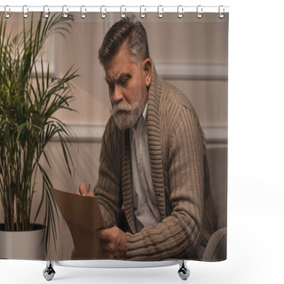 Personality  Thoughtful Senior Man In Sweater Writing Letter While Sitting In Armchair Shower Curtains