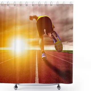 Personality  Athletic Young Man Running On Race Track With Sunset Background Shower Curtains