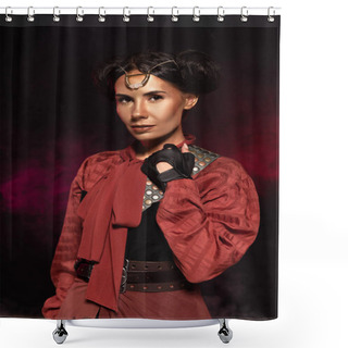 Personality  Attractive Steampunk Woman Looking At Camera In Smoke On Black Shower Curtains