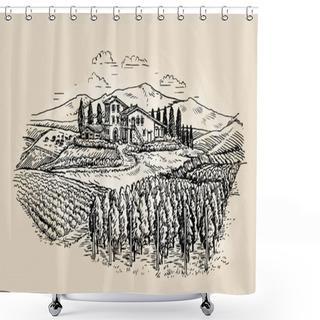 Personality  Farm Sketch. Rural Landscape With Vineyard. Vector Illustration Shower Curtains