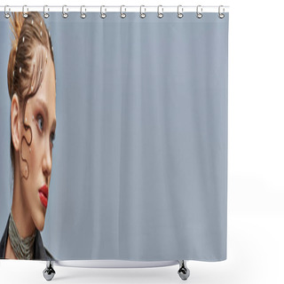 Personality  Banner Of Glamourous Young Woman With Pearl Pins In Hair And Red Lips Posing On Grey Background Shower Curtains