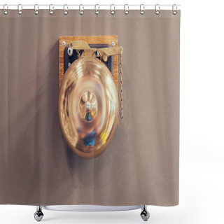 Personality  Retro Bronze Gong. Boxing Gong. Vintage Gong Alloy. Old Bell Gong On Wall. Boxing Bell. Result Alarm And Final Alert Symbol. Signal To Stop Or To Start. Final Sparring. Boxing Ring Bell. Sport Museum Shower Curtains