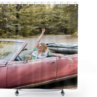 Personality  Excited Young Woman In Sunglasses Sitting In Retro Cabriolet With Hand In Air Shower Curtains