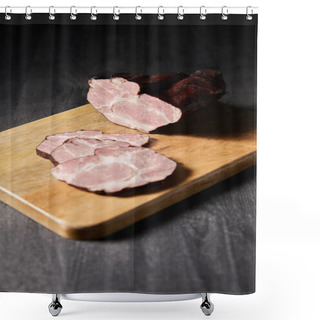 Personality  Selective Focus Of Tasty Ham Sliced Ham On Cutting Board On Wooden Grey Table Shower Curtains