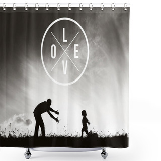 Personality  Father With Open Arms And His Son Outdoors. Fathers Day Concept. Shower Curtains