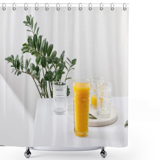 Personality  Glass Of Delicious Yellow Smoothie On White Surface Near Green Plant Shower Curtains