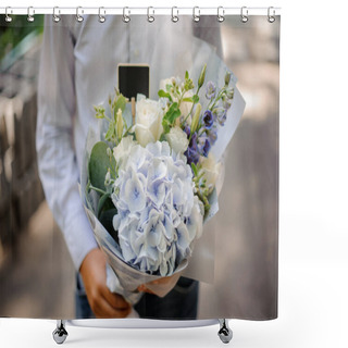 Personality  Boy Holding A Festive Bright Bouquet Of Flowers In Blue Tones Shower Curtains