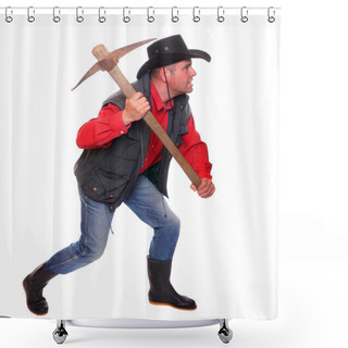 Personality  Cowboy With Pick Axe On A White Background. Under Construction Metaphor.. Shower Curtains