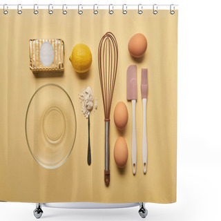 Personality  Top View Of Kitchenware And Ingredients On Yellow  Background Shower Curtains