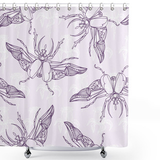 Personality  Hand Drawn Beetles Seamless Pattern With Flowers. Can Be Used Fo Shower Curtains