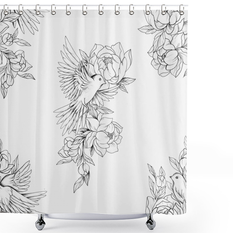 Personality  Seamless drawing of a bird in beautiful flowers and on a white background. shower curtains