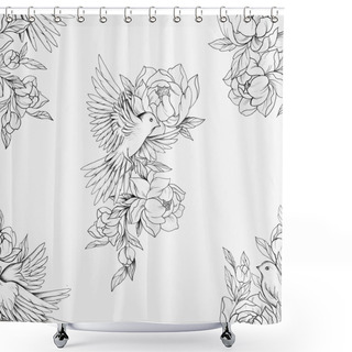 Personality  Seamless Drawing Of A Bird In Beautiful Flowers And On A White Background. Shower Curtains