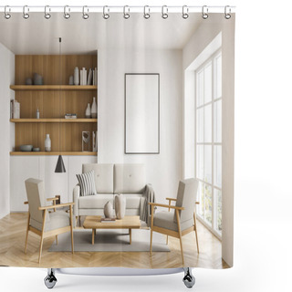 Personality  Mockup Banner On The Light Wall Of The Living Room. Interior With Beige Sofa, Two Armchairs, Coffee Table, Cabinet With Open Shelves And Panoramic Window. 3d Rendering Shower Curtains