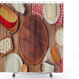 Personality  Wooden Board With Milk And Cheese Shower Curtains