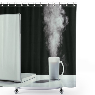 Personality  Laptop With Steaming Cup Of Tea On Table Isolated On Black Shower Curtains