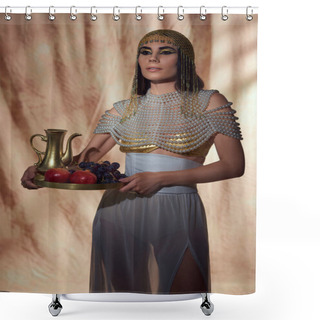 Personality  Elegant Woman In Egyptian Look And Pearl Top Holding Jug And Fruits On Abstract Background Shower Curtains