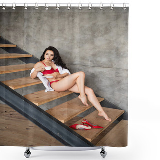 Personality  Sexy Girl In Red Underwear And White Shirt Sitting Near Red Heels On Stairs, Drinking Coffee And Looking Away Shower Curtains