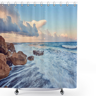 Personality  Beautiful Strong Waves In The Mediterranean Sea Shower Curtains