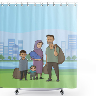 Personality  Family Homeless Or Refugees, A Man And A Woman With Children In The Big City. Vector Illustration With Copyspace. Shower Curtains