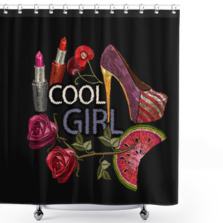 Personality  Embroidery, Slogan Cool Girl. Women's Shoes, Fashionable Background, Art Style. Fashion Template For Clothes, Textiles, T-shirt Design Shower Curtains