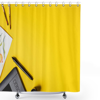 Personality  Top View Of Paintbrushes Near Painting, Drawing Tablet, Holder And Stylus On Yellow  Shower Curtains