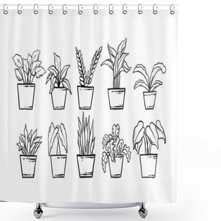 Personality  Houseplant Hand Drawn Illustration. Vector Line Art Of The Potted Home Plant Collection Set. Floral Plant Isolated On White Background. Shower Curtains