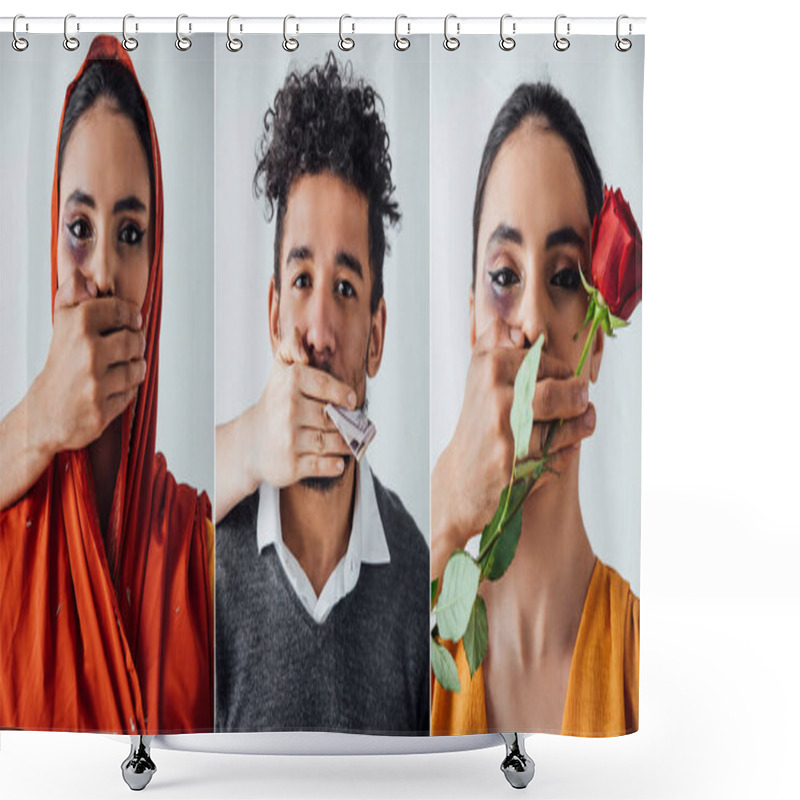 Personality  Collage Of Male And Female Hands Covering Mouth To African American Man And Indian Woman With Bruise Isolated On Grey Shower Curtains