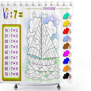 Personality  Exercise For Kids With Division By Number 7. Paint The Sailboat. Educational Page For Mathematics Baby Book. Printable Worksheet For Children Textbook. Back To School. IQ Test. Vector Illustration. Shower Curtains