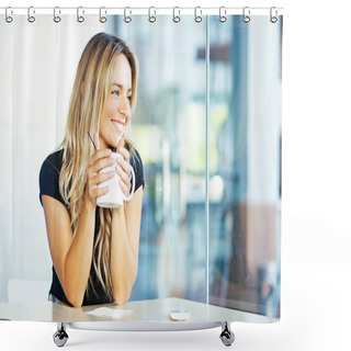 Personality  Woman Drinking Coffee In The Morning At Restaurant Shower Curtains