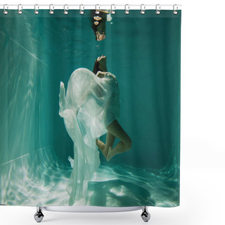 Personality  Peaceful Young Woman In White Elegant Dress Swimming In Pool  Shower Curtains