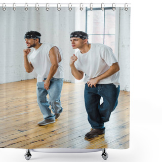 Personality  Handsome Multicultural Dancers In Headbands Dancing Hip-hop Shower Curtains