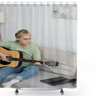 Personality  Young Woman In Glasses With Bangs And Short Hair Holding Acoustic Guitar And Looking Video Tutorial On Laptop And Sitting On Comfortable Couch In Modern Living Room At Home, Digital Learning Shower Curtains