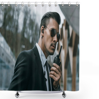 Personality  Serious Handsome Security Guard Talking By Portable Radio Shower Curtains