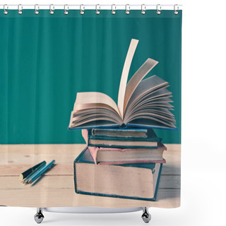 Personality  A Pile Of Books On Wooden Table Shower Curtains