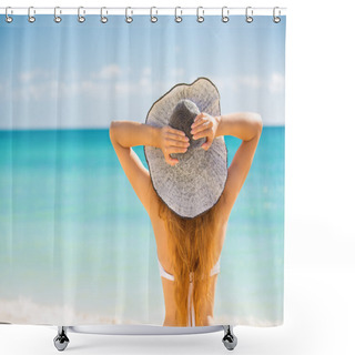 Personality  Woman Enjoying Beach Relaxing Joyful In Summer By Tropical Blue Water Shower Curtains
