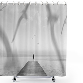 Personality  Solitary Man Walking On A Boardwal Among Birds Shower Curtains