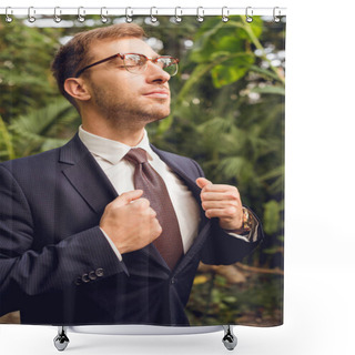 Personality  Businessman In Suit And Glasses With Closed Eyes Breathing Fresh Air In Orangery Shower Curtains