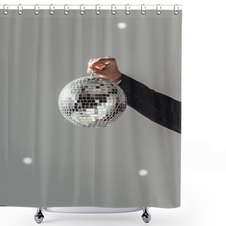 Personality  Cropped View Of Man Holding Disco Ball On Grey Background Shower Curtains