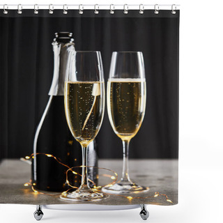 Personality  Sparkling Wine In Glasses And Bottle With Yellow Christmas Lights, On Black Shower Curtains
