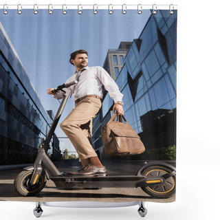 Personality  Low Angle View Of Businessman In Formal Wear Holding Leather Bag And Standing Near Electric Scooter  Shower Curtains