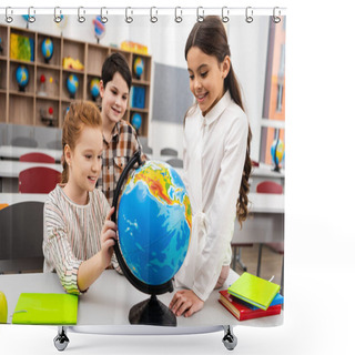 Personality  Three Cheerful Pupils Playing With Globe In Classroom During Geography Lesson Shower Curtains