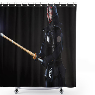Personality  Kendo Fighter In Traditional Helmet Holding Bamboo Sword On Black Shower Curtains