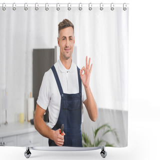 Personality  Smiling Adult Repairman Holding Pliers While Showing Ok Sign And Looking At Camera Shower Curtains